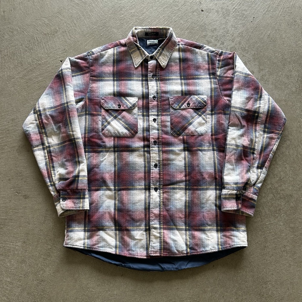 Vintage 70s Fieldmaster Flannel‎ Jacket Size XL Tall Red Blue Plaid Shacket USA